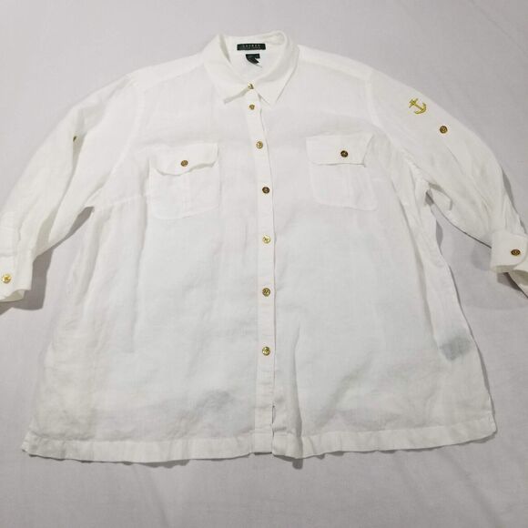 Lauren Ralph Lauren Shirt Plus 3XL Linen Tunic Nautical Gold Anchor Buttons - Picture 1 of 9